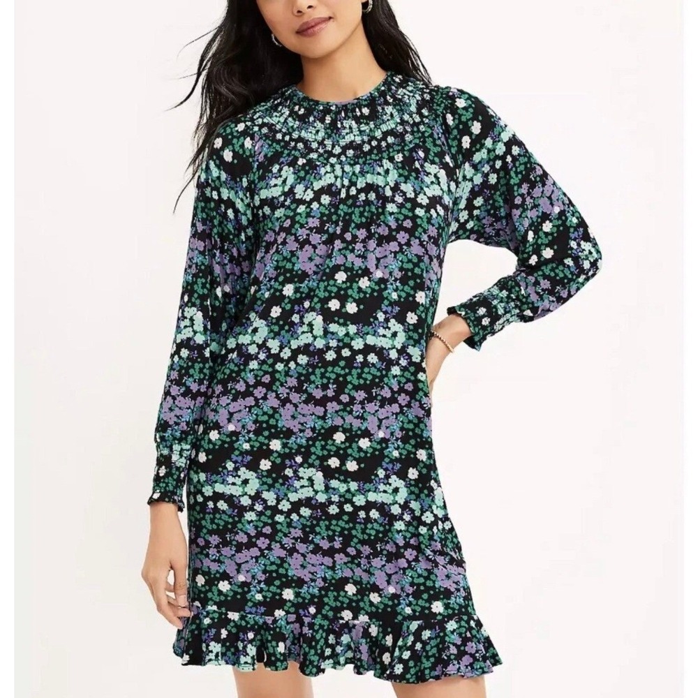 NWT Loft Floral Smocked‎ Long Sleeve Dress Ruffle Hem Sz L
